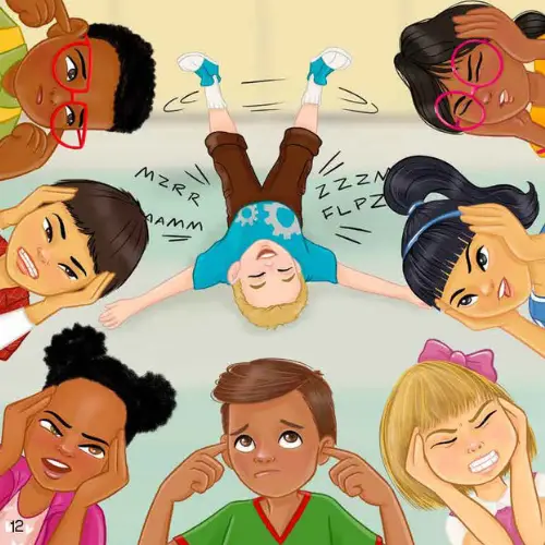 "Illustration from 'School Rules' showing diverse children arranged in a circle around a boy lying on his back in the center, shouting out disruptively with motion lines and stars around his head indicating his loud outburst. The surrounding children display various expressions of frustration and annoyance as they look down at him, reacting to his disruptive shouting behavior. Sound effects 'MERR' and 'FZZN' represent his loud vocalizations.